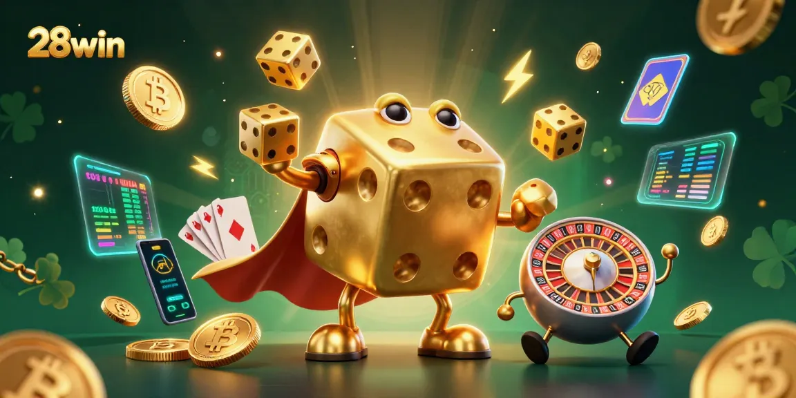 28win offers thrilling gameplay with golden dice, glowing Bitcoin coins, and vibrant casino elements.