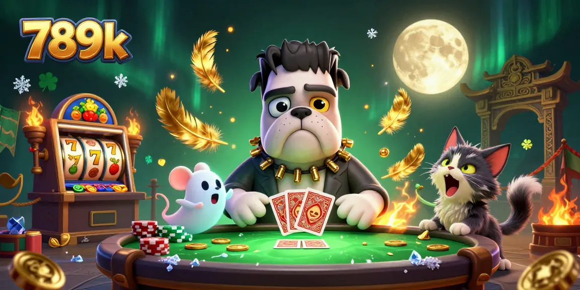 Join the fun with 789k as the Frankenstein bulldog deals cards at a thrilling casino table.