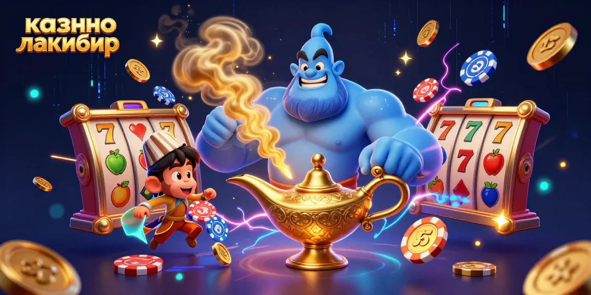 Engage with казино лакибир through festive 3D illustration featuring a lively genie, lucky symbols, and poker chips.