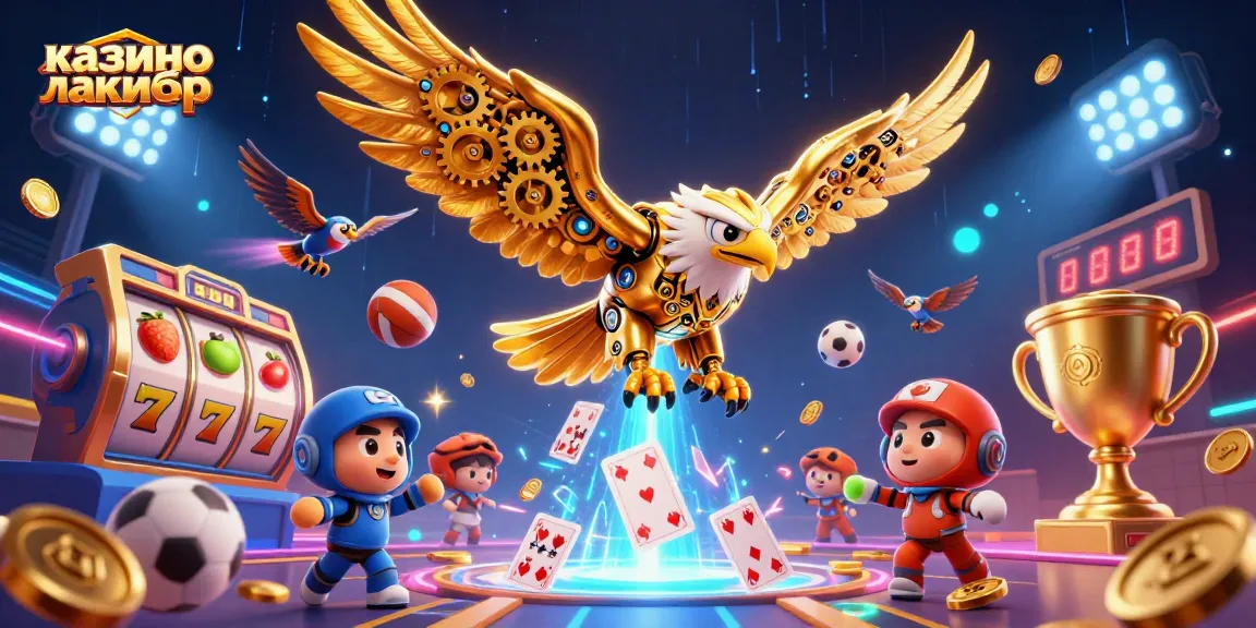 Experience the thrill of казино лакибир with a dynamic illustration of a cybernetic eagle diving through holographic cards while sports elements surround it.